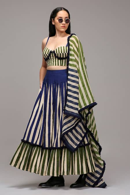 Shop MATI_1 Off White Cotton Striped Tiered Long Skirt Online at Aza Fashions Shop_MATI_1_Off White Cotton Striped Tiered Long Skirt _Online_at_Aza_Fashions