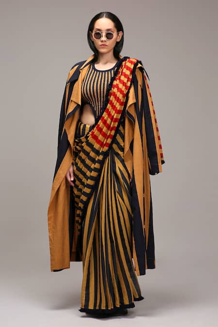 Buy MATI_1 Brown Cotton Fringe Stripe Pattern Saree Online at Aza Fashions Buy_MATI_1_Brown Cotton Fringe Stripe Pattern Saree _Online_at_Aza_Fashions