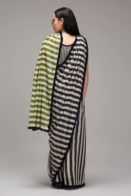 MATI_1_Off White Cotton Fringe Striped Saree _Online_at_Aza_Fashions