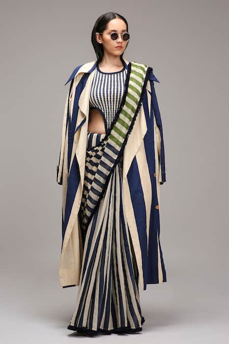 Buy_MATI_1_Off White Cotton Fringe Striped Saree _Online_at_Aza_Fashions