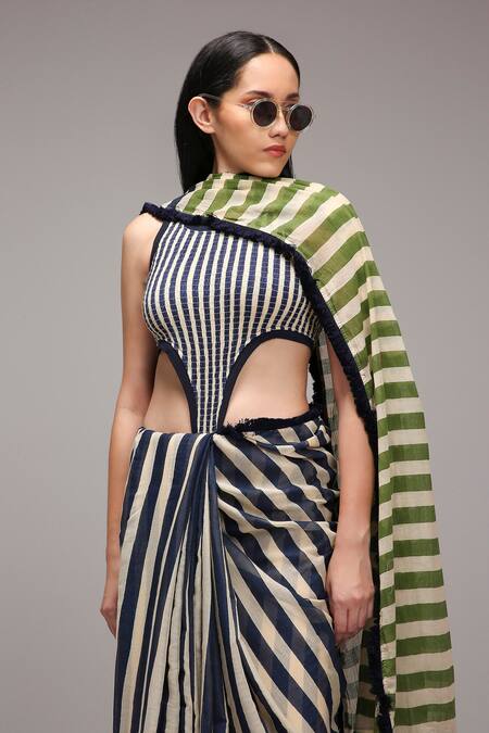 MATI_1_Off White Cotton Fringe Striped Saree _at_Aza_Fashions