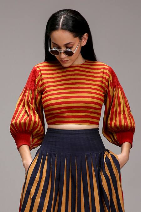 Buy_MATI_1_Brown Cotton Round Neck Striped Puff Sleeve Top And Pleated Skirt Set _Online_at_Aza_Fashions