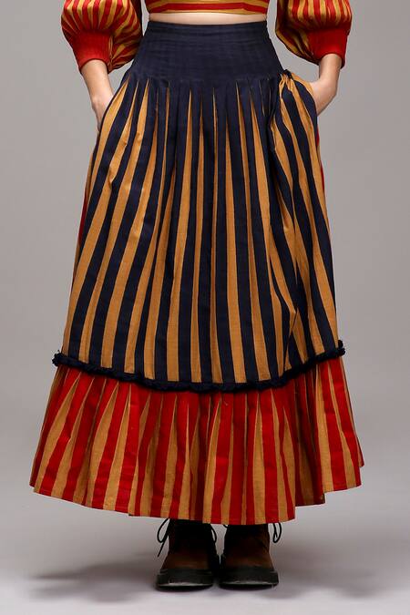 Shop_MATI_1_Brown Cotton Round Neck Striped Puff Sleeve Top And Pleated Skirt Set _Online_at_Aza_Fashions