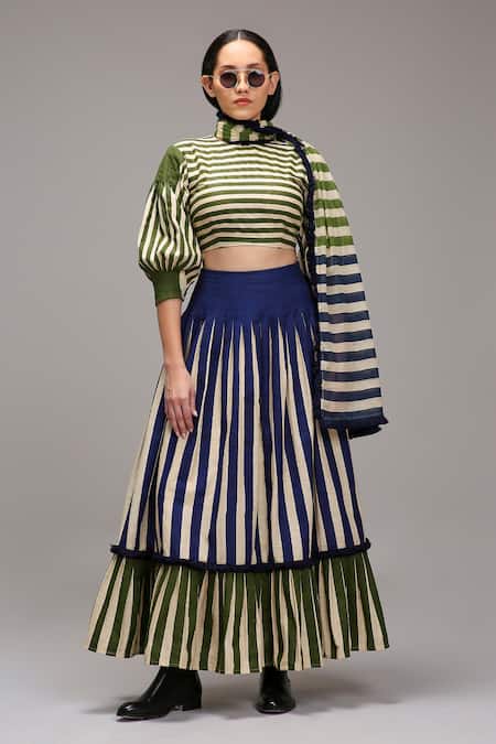 Buy MATI_1 Green Cotton Ruffles Round Neck Striped Puff Sleeve Crop Top And Pleated Skirt Set Buy_MATI_1_Green Cotton Ruffles Round Neck Striped Puff Sleeve Crop Top And Pleated Skirt Set