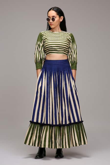 Shop MATI_1 Green Cotton Ruffles Round Neck Striped Puff Sleeve Crop Top And Pleated Skirt Set Shop_MATI_1_Green Cotton Ruffles Round Neck Striped Puff Sleeve Crop Top And Pleated Skirt Set