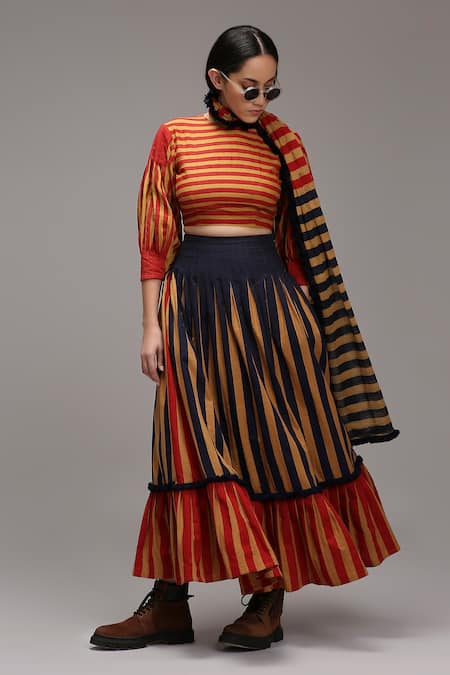 MATI_1 Tan Cotton Round Neck Striped Puff Sleeve Crop Top Skirt Set Online at Aza Fashions MATI_1_Tan Cotton Round Neck Striped Puff Sleeve Crop Top Skirt Set _Online_at_Aza_Fashions