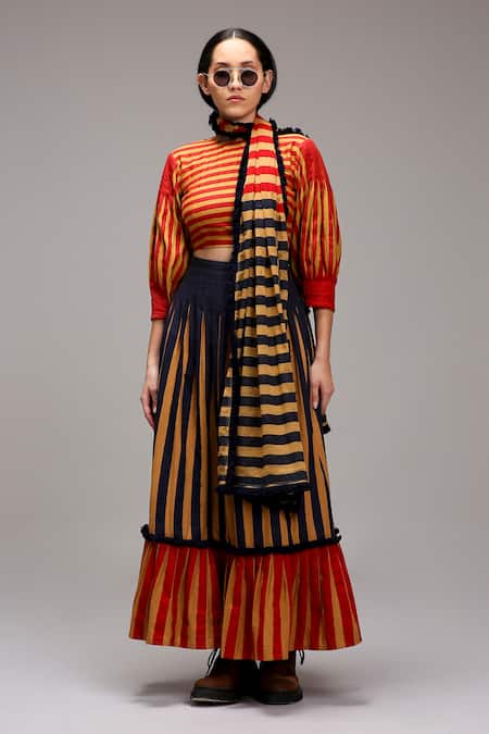 MATI_1 Striped Puff Sleeve Crop Top Skirt Set 