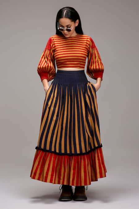 MATI_1 Tan Cotton Round Neck Striped Puff Sleeve Crop Top Skirt Set at Aza Fashions MATI_1_Tan Cotton Round Neck Striped Puff Sleeve Crop Top Skirt Set _at_Aza_Fashions