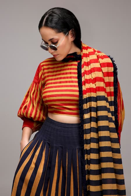 Shop MATI_1 Tan Cotton Round Neck Striped Puff Sleeve Crop Top Skirt Set Shop_MATI_1_Tan Cotton Round Neck Striped Puff Sleeve Crop Top Skirt Set