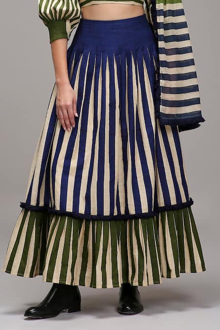 MATI_1 Green Cotton Round Neck Striped Puffed Sleeve Crop Top Skirt Set Online at Aza Fashions MATI_1_Green Cotton Round Neck Striped Puffed Sleeve Crop Top Skirt Set _Online_at_Aza_Fashions