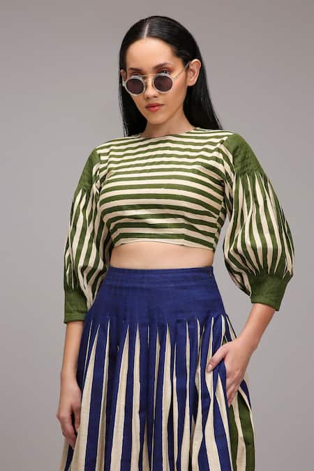Buy MATI_1 Green Cotton Round Neck Striped Puffed Sleeve Crop Top Skirt Set Online at Aza Fashions Buy_MATI_1_Green Cotton Round Neck Striped Puffed Sleeve Crop Top Skirt Set _Online_at_Aza_Fashions