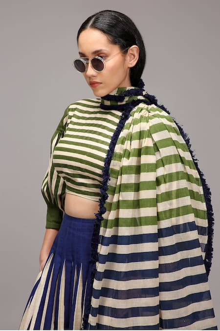 Shop MATI_1 Green Cotton Round Neck Striped Puffed Sleeve Crop Top Skirt Set Online at Aza Fashions Shop_MATI_1_Green Cotton Round Neck Striped Puffed Sleeve Crop Top Skirt Set _Online_at_Aza_Fashions
