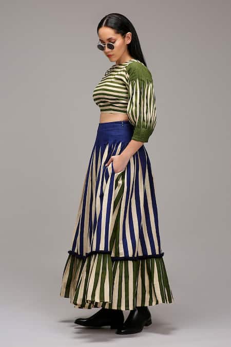 MATI_1 Green Cotton Round Neck Striped Puffed Sleeve Crop Top Skirt Set at Aza Fashions MATI_1_Green Cotton Round Neck Striped Puffed Sleeve Crop Top Skirt Set _at_Aza_Fashions