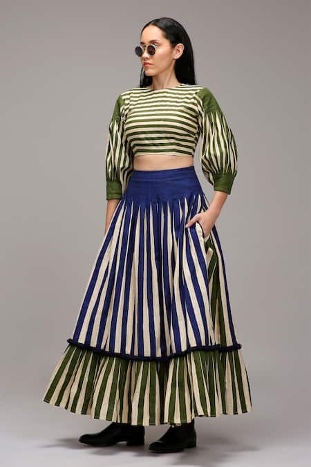Buy MATI_1 Green Cotton Round Neck Striped Puffed Sleeve Crop Top Skirt Set Buy_MATI_1_Green Cotton Round Neck Striped Puffed Sleeve Crop Top Skirt Set