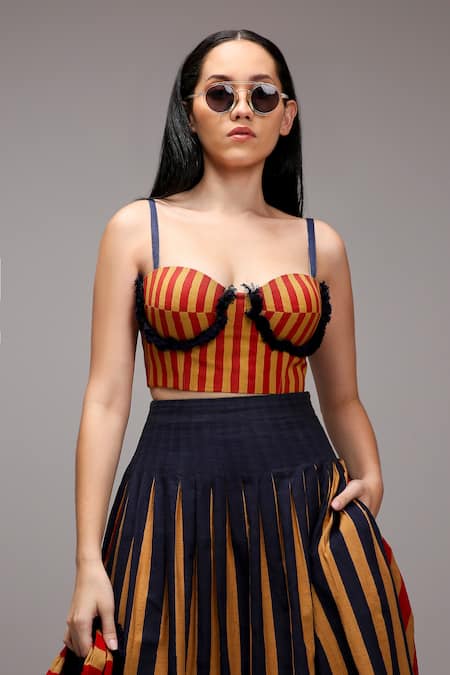 Buy MATI_1 Brown Cotton Fringe Sweetheart Neck Striped Corset And Skirt Set Online at Aza Fashions Buy_MATI_1_Brown Cotton Fringe Sweetheart Neck Striped Corset And Skirt Set _Online_at_Aza_Fashions