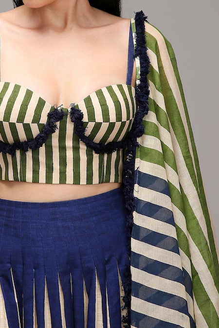 MATI_1 Green Cotton Fringe Sweetheart Neck Striped Corset And Tiered Skirt Set Online at Aza Fashions MATI_1_Green Cotton Fringe Sweetheart Neck Striped Corset And Tiered Skirt Set _Online_at_Aza_Fashions