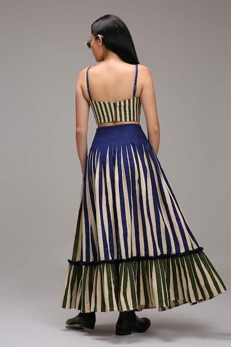 Shop MATI_1 Green Cotton Fringe Sweetheart Neck Striped Corset And Tiered Skirt Set Online at Aza Fashions Shop_MATI_1_Green Cotton Fringe Sweetheart Neck Striped Corset And Tiered Skirt Set _Online_at_Aza_Fashions