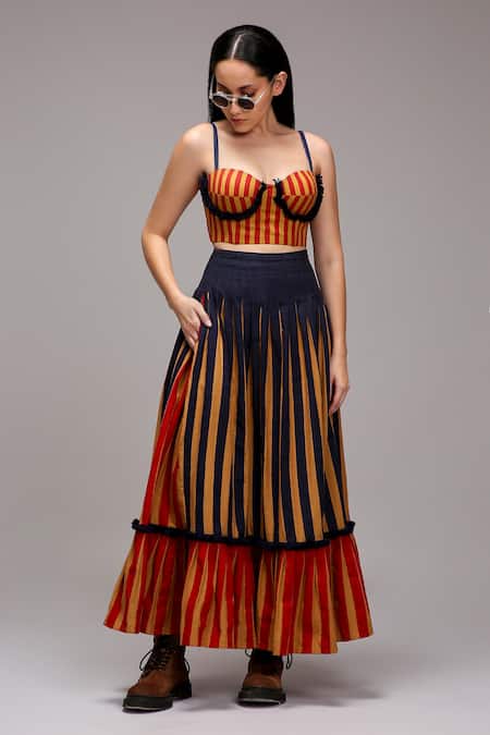 MATI_1 Brown Cotton Fringe, Ruffles Sweetheart Neck Striped Corset And Skirt Set Online at Aza Fashions MATI_1_Brown Cotton Fringe, Ruffles Sweetheart Neck Striped Corset And Skirt Set _Online_at_Aza_Fashions