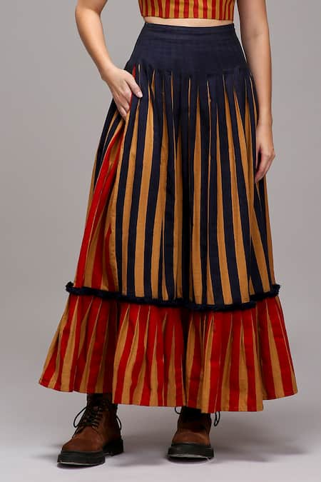 Buy MATI_1 Brown Cotton Fringe, Ruffles Sweetheart Neck Striped Corset And Skirt Set Online at Aza Fashions Buy_MATI_1_Brown Cotton Fringe, Ruffles Sweetheart Neck Striped Corset And Skirt Set _Online_at_Aza_Fashions