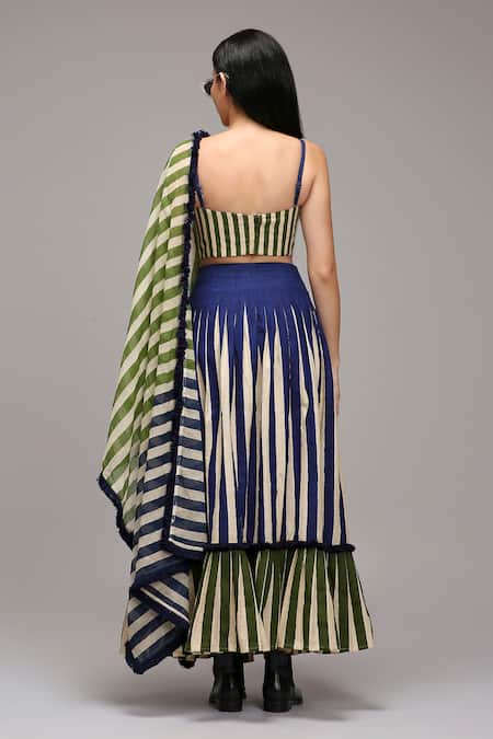 MATI_1_Green Cotton Fringe Sweetheart Neck Striped Corset And Skirt Set _Online_at_Aza_Fashions