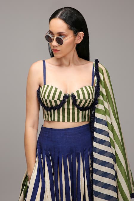 Buy_MATI_1_Green Cotton Fringe Sweetheart Neck Striped Corset And Skirt Set _Online_at_Aza_Fashions