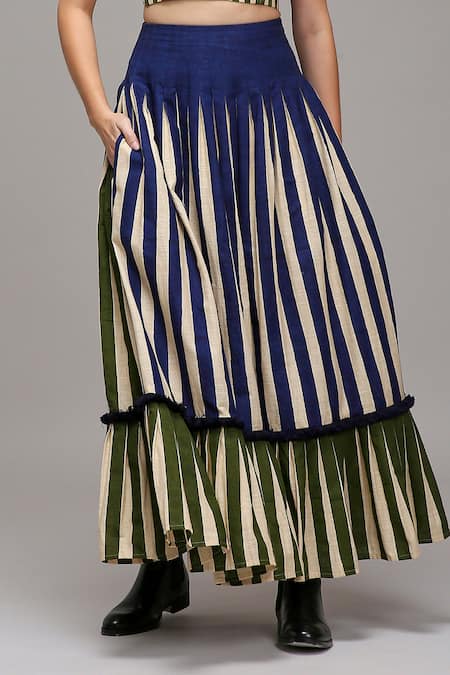 MATI_1_Green Cotton Fringe Sweetheart Neck Striped Corset And Skirt Set _at_Aza_Fashions