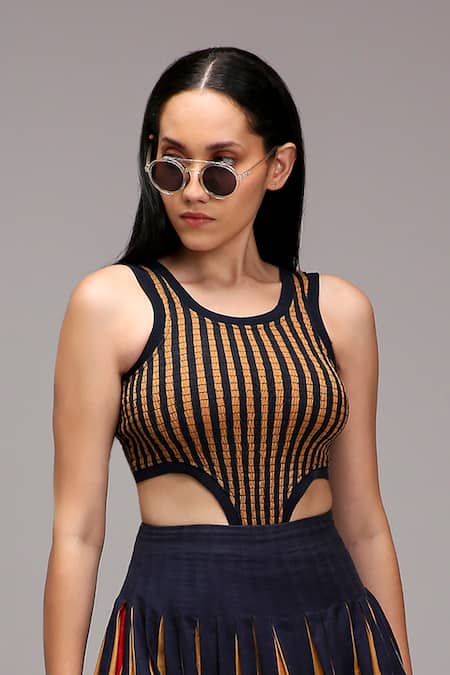 MATI_1 Brown Cotton Round Neck Striped Cut-out Bodysuit And Pleated Skirt Set Online at Aza Fashions MATI_1_Brown Cotton Round Neck Striped Cut-out Bodysuit And Pleated Skirt Set _Online_at_Aza_Fashions