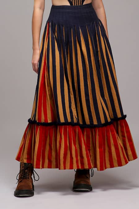 Buy MATI_1 Brown Cotton Round Neck Striped Cut-out Bodysuit And Pleated Skirt Set Online at Aza Fashions Buy_MATI_1_Brown Cotton Round Neck Striped Cut-out Bodysuit And Pleated Skirt Set _Online_at_Aza_Fashions