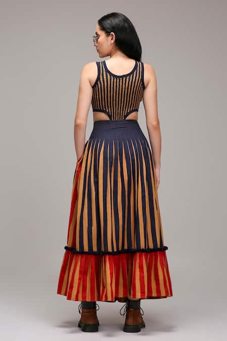 MATI_1 Striped Cut-Out Bodysuit & Pleated Skirt Set 