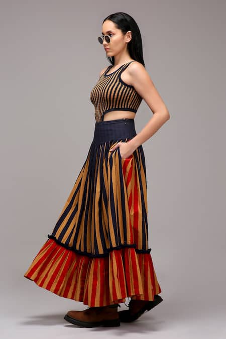 Shop MATI_1 Brown Cotton Round Neck Striped Cut-out Bodysuit And Pleated Skirt Set Online at Aza Fashions Shop_MATI_1_Brown Cotton Round Neck Striped Cut-out Bodysuit And Pleated Skirt Set _Online_at_Aza_Fashions
