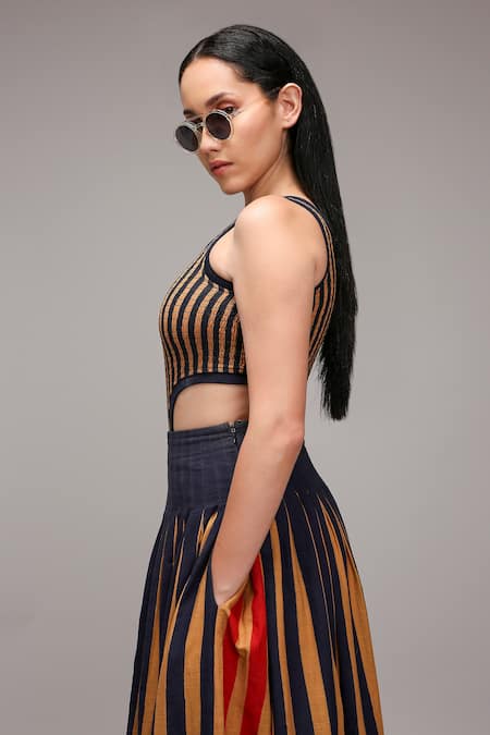 MATI_1 Brown Cotton Round Neck Striped Cut-out Bodysuit And Pleated Skirt Set at Aza Fashions MATI_1_Brown Cotton Round Neck Striped Cut-out Bodysuit And Pleated Skirt Set _at_Aza_Fashions