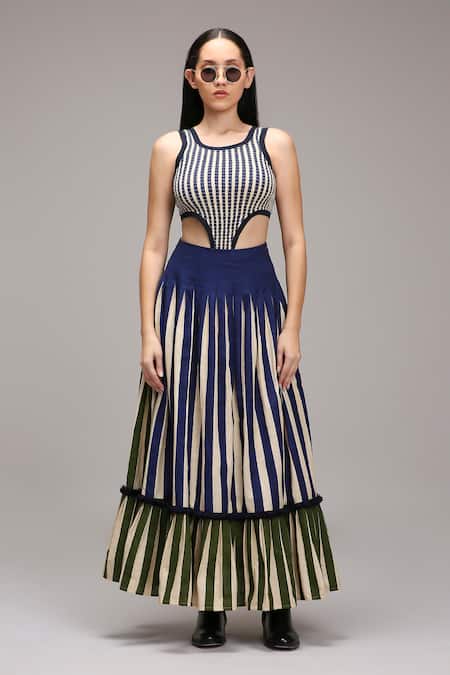 MATI_1 Navy Cotton Round Neck Striped Cut-out Bodysuit And Tiered Skirt Set Online at Aza Fashions MATI_1_Navy Cotton Round Neck Striped Cut-out Bodysuit And Tiered Skirt Set _Online_at_Aza_Fashions