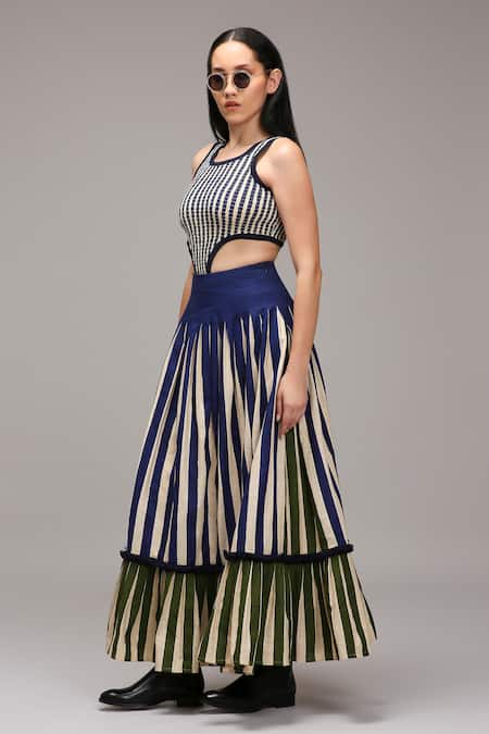 Buy MATI_1 Navy Cotton Round Neck Striped Cut-out Bodysuit And Tiered Skirt Set Online at Aza Fashions Buy_MATI_1_Navy Cotton Round Neck Striped Cut-out Bodysuit And Tiered Skirt Set _Online_at_Aza_Fashions