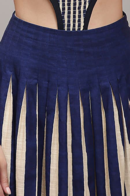 Shop MATI_1 Navy Cotton Round Neck Striped Cut-out Bodysuit And Tiered Skirt Set Online at Aza Fashions Shop_MATI_1_Navy Cotton Round Neck Striped Cut-out Bodysuit And Tiered Skirt Set _Online_at_Aza_Fashions
