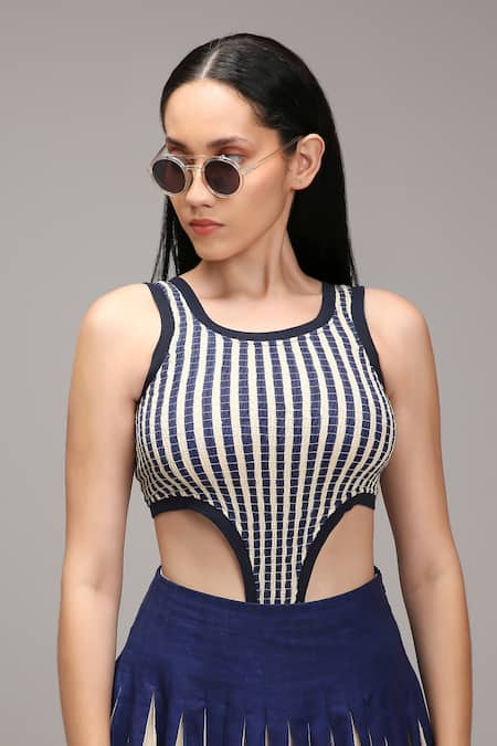 MATI_1 Navy Cotton Round Neck Striped Cut-out Bodysuit And Tiered Skirt Set at Aza Fashions MATI_1_Navy Cotton Round Neck Striped Cut-out Bodysuit And Tiered Skirt Set _at_Aza_Fashions