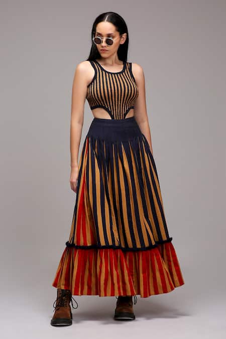 MATI_1 Brown Cotton Embroidery Round Neck, Collared Striped Jacket And Skirt Set Online at Aza Fashions MATI_1_Brown Cotton Embroidery Round Neck, Collared Striped Jacket And Skirt Set _Online_at_Aza_Fashions