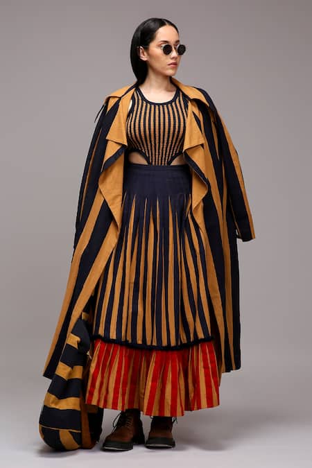 Buy MATI_1 Brown Cotton Embroidery Round Neck, Collared Striped Jacket And Skirt Set Online at Aza Fashions Buy_MATI_1_Brown Cotton Embroidery Round Neck, Collared Striped Jacket And Skirt Set _Online_at_Aza_Fashions