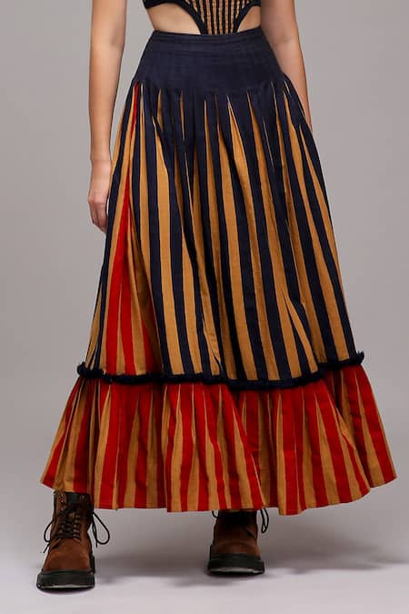 Shop MATI_1 Brown Cotton Embroidery Round Neck, Collared Striped Jacket And Skirt Set Online at Aza Fashions Shop_MATI_1_Brown Cotton Embroidery Round Neck, Collared Striped Jacket And Skirt Set _Online_at_Aza_Fashions