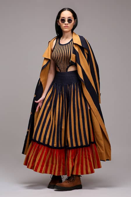 MATI_1 Brown Cotton Embroidery Round Neck, Collared Striped Jacket And Skirt Set at Aza Fashions MATI_1_Brown Cotton Embroidery Round Neck, Collared Striped Jacket And Skirt Set _at_Aza_Fashions