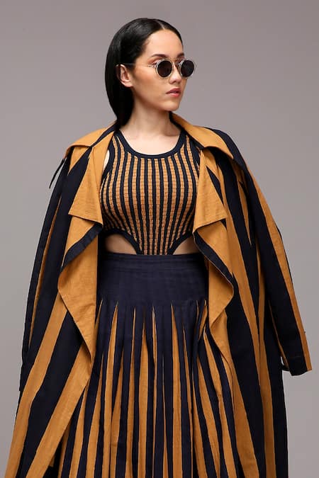 Buy MATI_1 Brown Cotton Embroidery Round Neck, Collared Striped Jacket And Skirt Set Buy_MATI_1_Brown Cotton Embroidery Round Neck, Collared Striped Jacket And Skirt Set