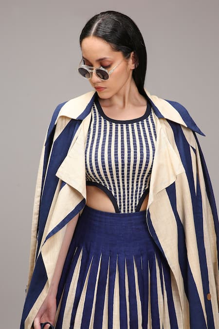 MATI_1 Off White Cotton Embroidery Round Neck, Collared Striped Jacket Skirt Set Online at Aza Fashions MATI_1_Off White Cotton Embroidery Round Neck, Collared Striped Jacket Skirt Set _Online_at_Aza_Fashions