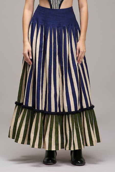 Buy MATI_1 Off White Cotton Embroidery Round Neck, Collared Striped Jacket Skirt Set Online at Aza Fashions Buy_MATI_1_Off White Cotton Embroidery Round Neck, Collared Striped Jacket Skirt Set _Online_at_Aza_Fashions