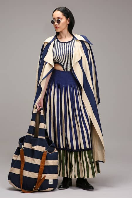 Shop MATI_1 Off White Cotton Embroidery Round Neck, Collared Striped Jacket Skirt Set Online at Aza Fashions Shop_MATI_1_Off White Cotton Embroidery Round Neck, Collared Striped Jacket Skirt Set _Online_at_Aza_Fashions