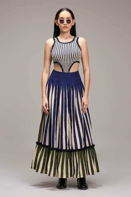 MATI_1 Off White Cotton Embroidery Round Neck, Collared Striped Jacket Skirt Set at Aza Fashions MATI_1_Off White Cotton Embroidery Round Neck, Collared Striped Jacket Skirt Set _at_Aza_Fashions