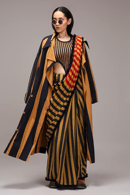 MATI_1 Striped Bodysuit & Saree Set 