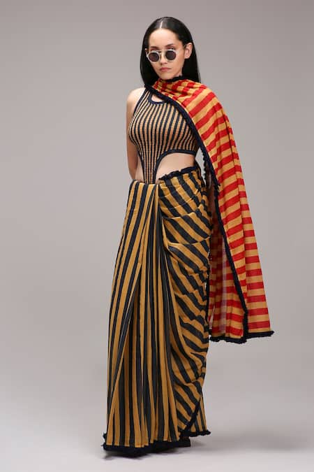 MATI_1_Brown Cotton Fringe High Neck Striped Bodysuit And Saree Set _Online_at_Aza_Fashions