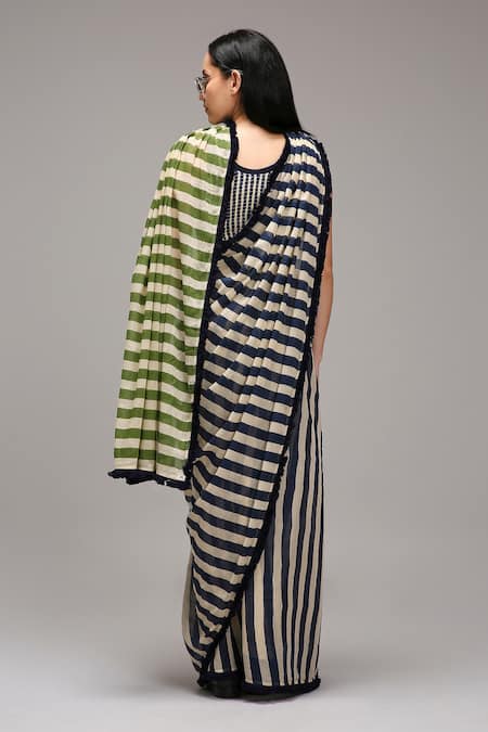 MATI_1 Striped Bodysuit & Saree Set 