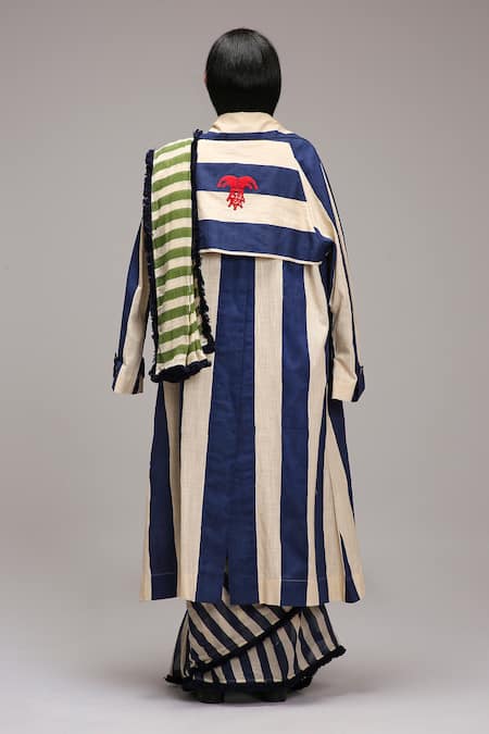 Shop_MATI_1_Off White Cotton High Neck Striped Bodysuit And Saree Set _Online_at_Aza_Fashions