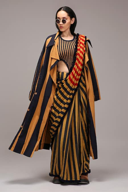 MATI_1 Striped Bodysuit Saree & Jacket Set 