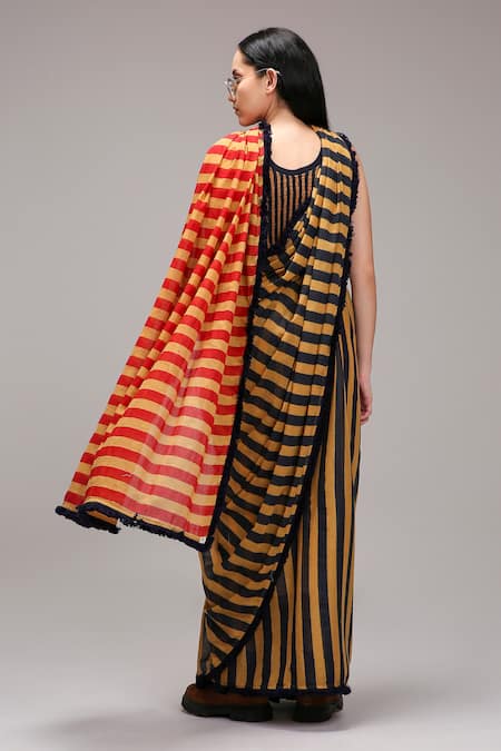 Buy MATI_1 Brown Cotton Round Neck, Collared Striped Bodysuit Saree And Jacket Set Online at Aza Fashions Buy_MATI_1_Brown Cotton Round Neck, Collared Striped Bodysuit Saree And Jacket Set _Online_at_Aza_Fashions